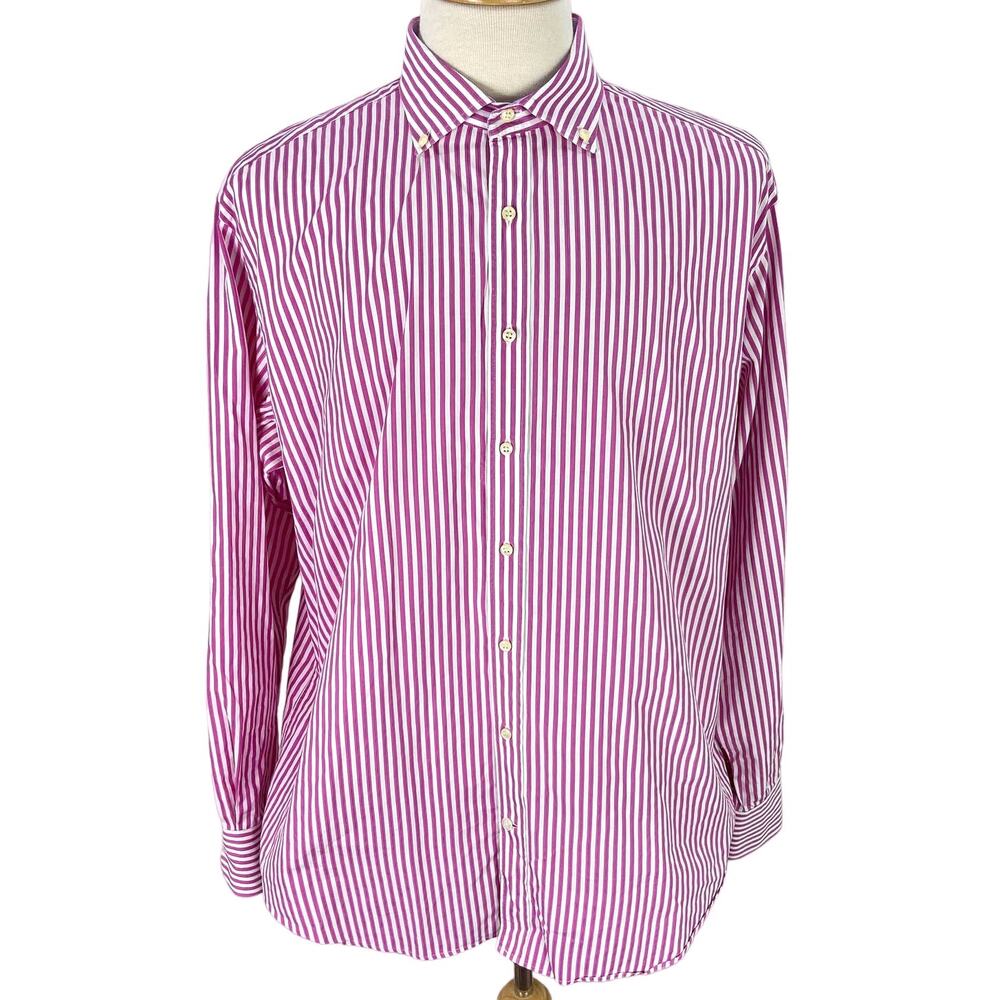 Thomas Dean Mens Dress Shirt Size XL Pink White Stripe Cotton Button‎ Up